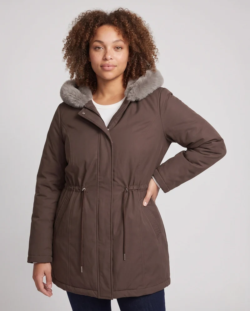 Damen knielange Thermoparkas mit abnehmbarem Teddyhood, Kordelzug in der Taille und verdeckter Frontklappe
