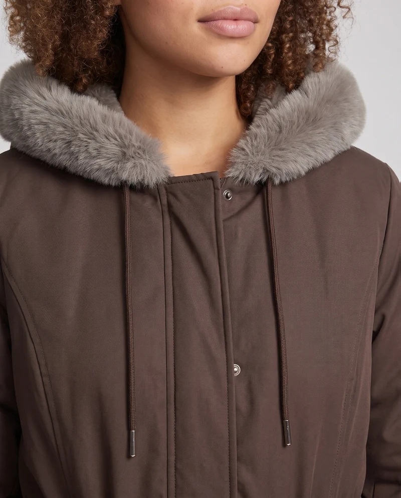 Damen knielange Thermoparkas mit abnehmbarem Teddyhood, Kordelzug in der Taille und verdeckter Frontklappe
