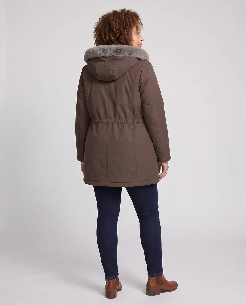 Damen knielange Thermoparkas mit abnehmbarem Teddyhood, Kordelzug in der Taille und verdeckter Frontklappe