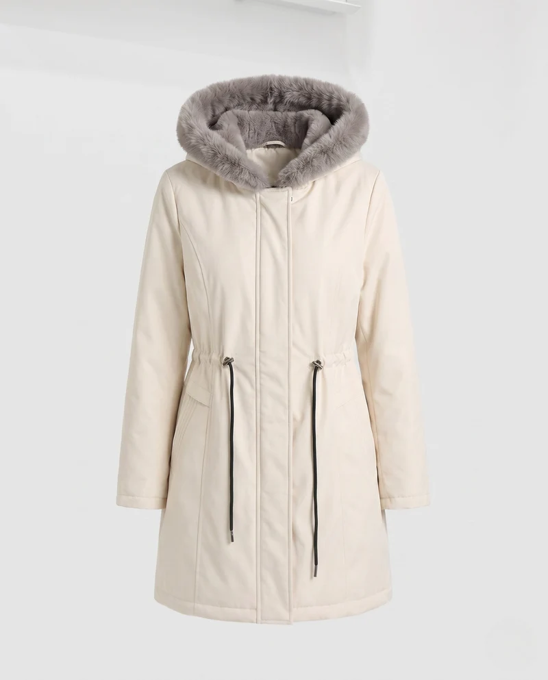 Damen knielange Thermoparkas mit abnehmbarem Teddyhood, Kordelzug in der Taille und verdeckter Frontklappe