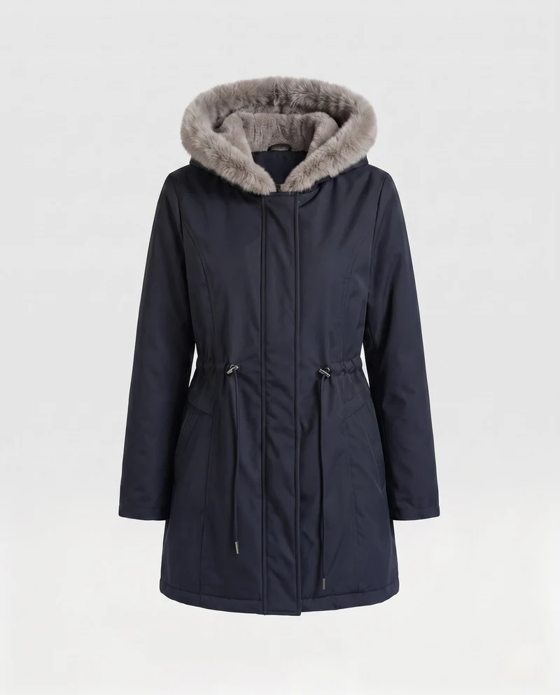 Damen knielange Thermoparkas mit abnehmbarem Teddyhood, Kordelzug in der Taille und verdeckter Frontklappe