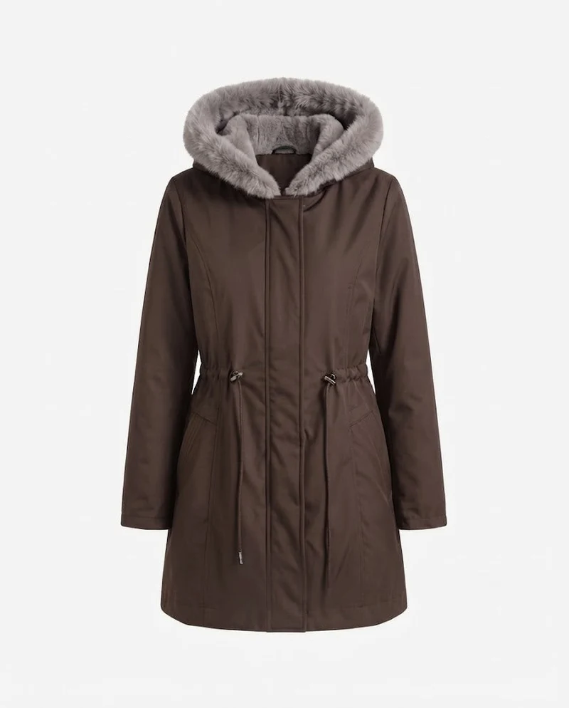 Damen knielange Thermoparkas mit abnehmbarem Teddyhood, Kordelzug in der Taille und verdeckter Frontklappe