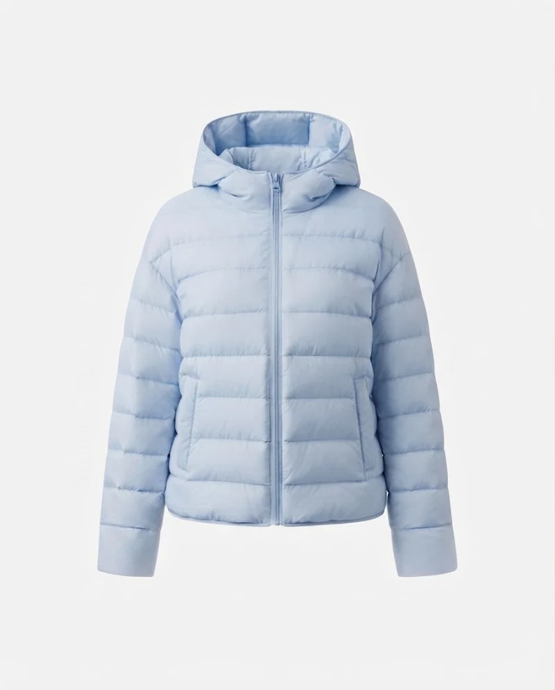Damen nan minimalistischer kurzer thermo gesteppter Jacke mit ergonomischer Kapuze, maßgeschneidertem Nahtdesign und winddichtem Außenmaterial