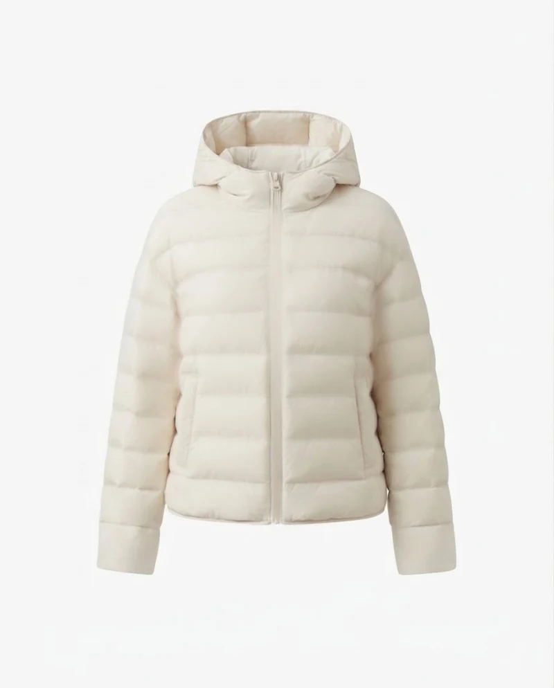 Damen nan minimalistischer kurzer thermo gesteppter Jacke mit ergonomischer Kapuze, maßgeschneidertem Nahtdesign und winddichtem Außenmaterial