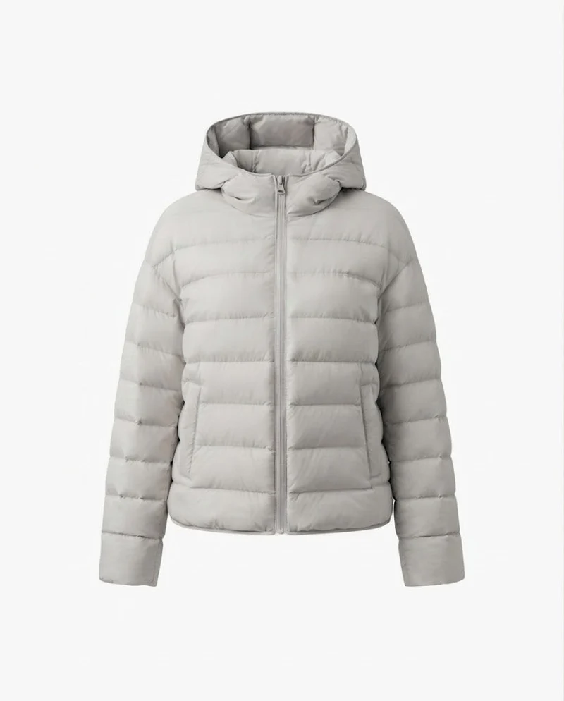 Damen nan minimalistischer kurzer thermo gesteppter Jacke mit ergonomischer Kapuze, maßgeschneidertem Nahtdesign und winddichtem Außenmaterial