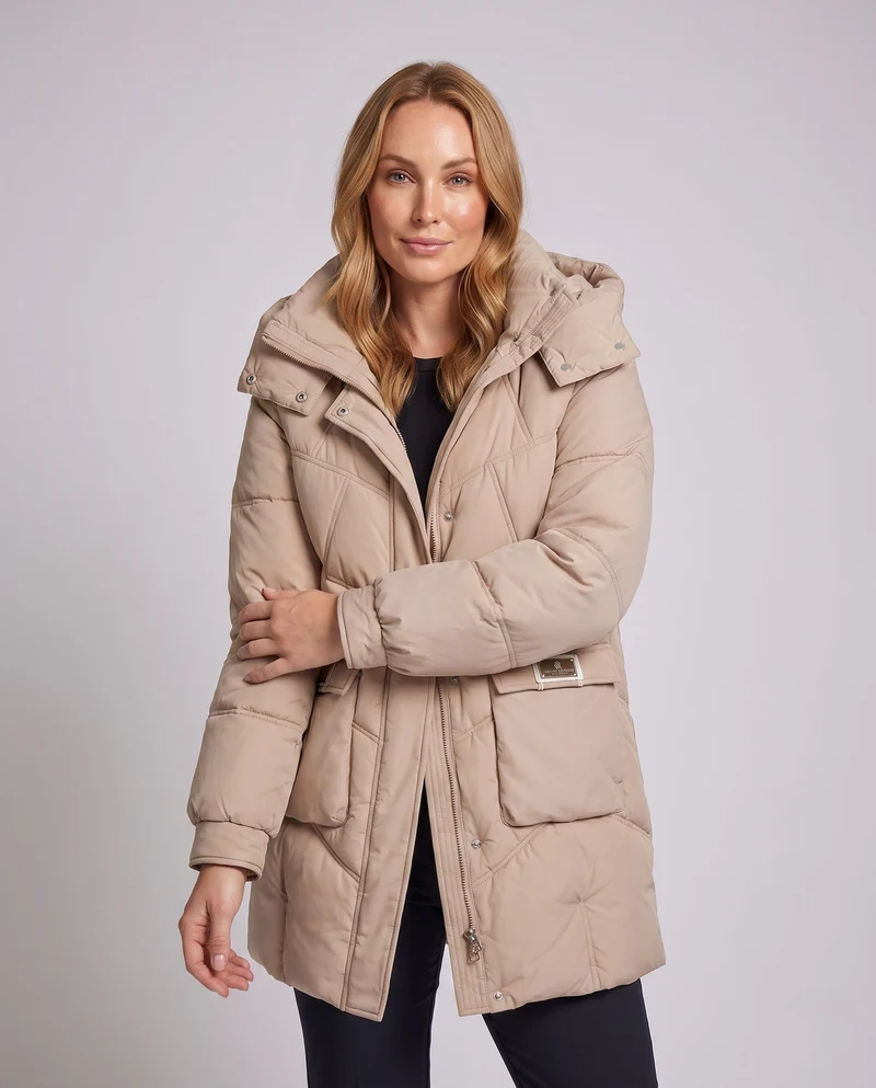Damen mid-long gepolsterte Parka mit hohem Stehkragenklappe, verstaubarem Kapuze und großen Cargo-Taschen