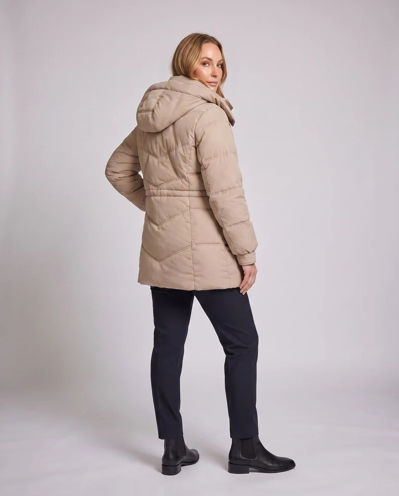 Damen mid-long gepolsterte Parka mit hohem Stehkragenklappe, verstaubarem Kapuze und großen Cargo-Taschen