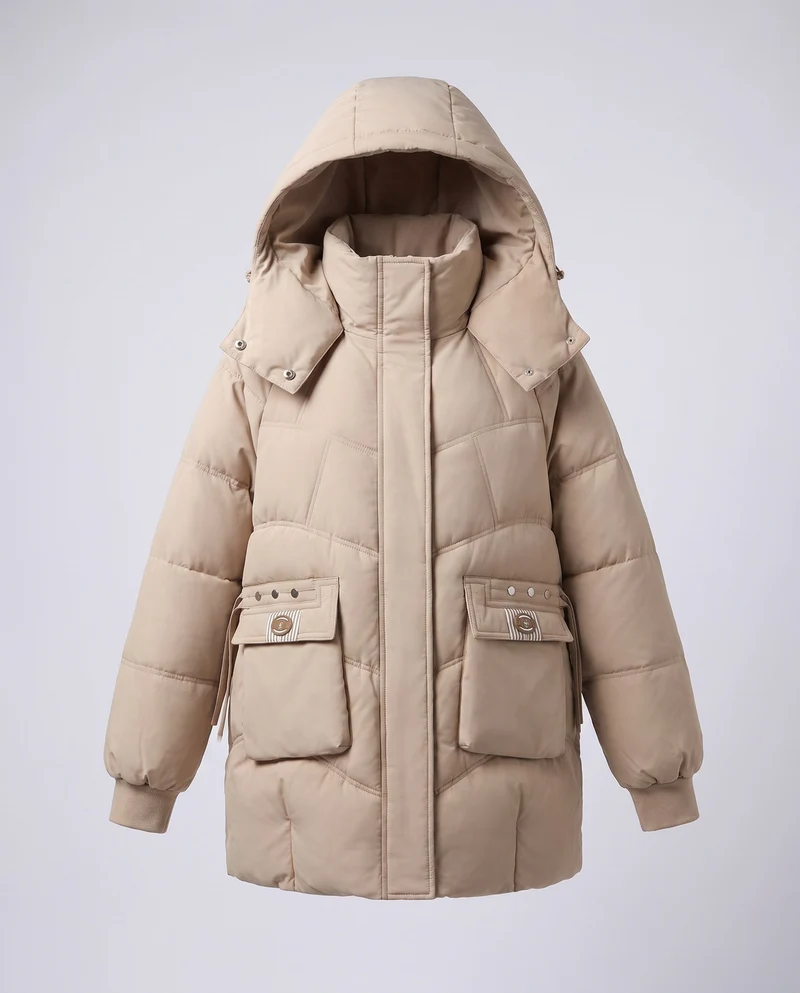 Damen mid-long gepolsterte Parka mit hohem Stehkragenklappe, verstaubarem Kapuze und großen Cargo-Taschen
