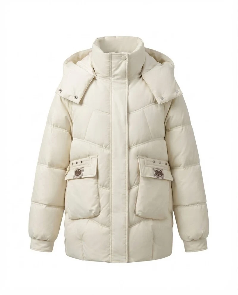 Damen mid-long gepolsterte Parka mit hohem Stehkragenklappe, verstaubarem Kapuze und großen Cargo-Taschen