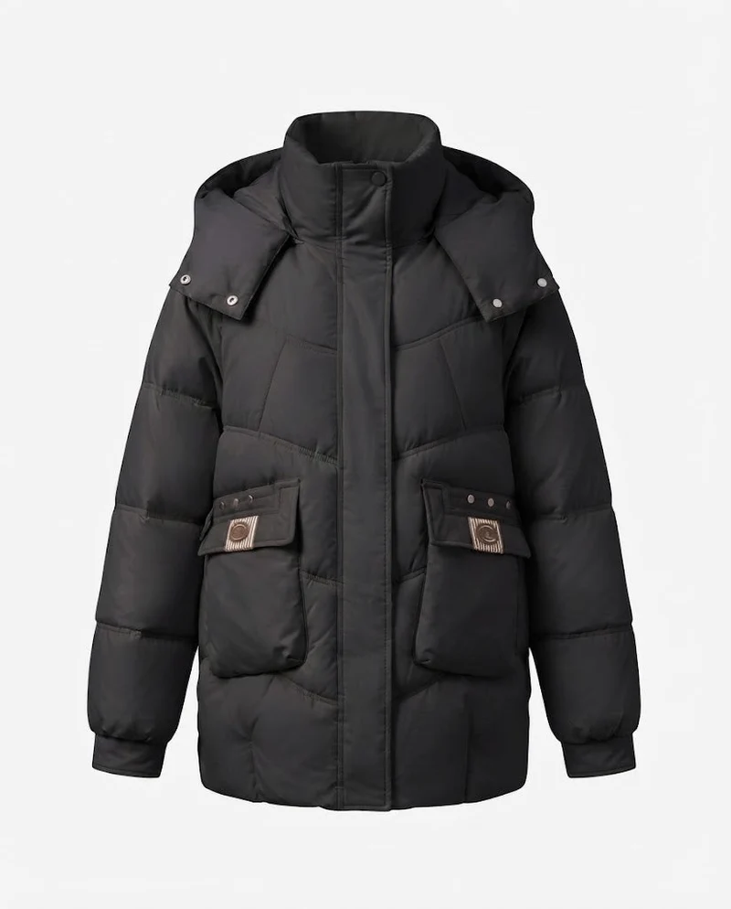 Damen mid-long gepolsterte Parka mit hohem Stehkragenklappe, verstaubarem Kapuze und großen Cargo-Taschen