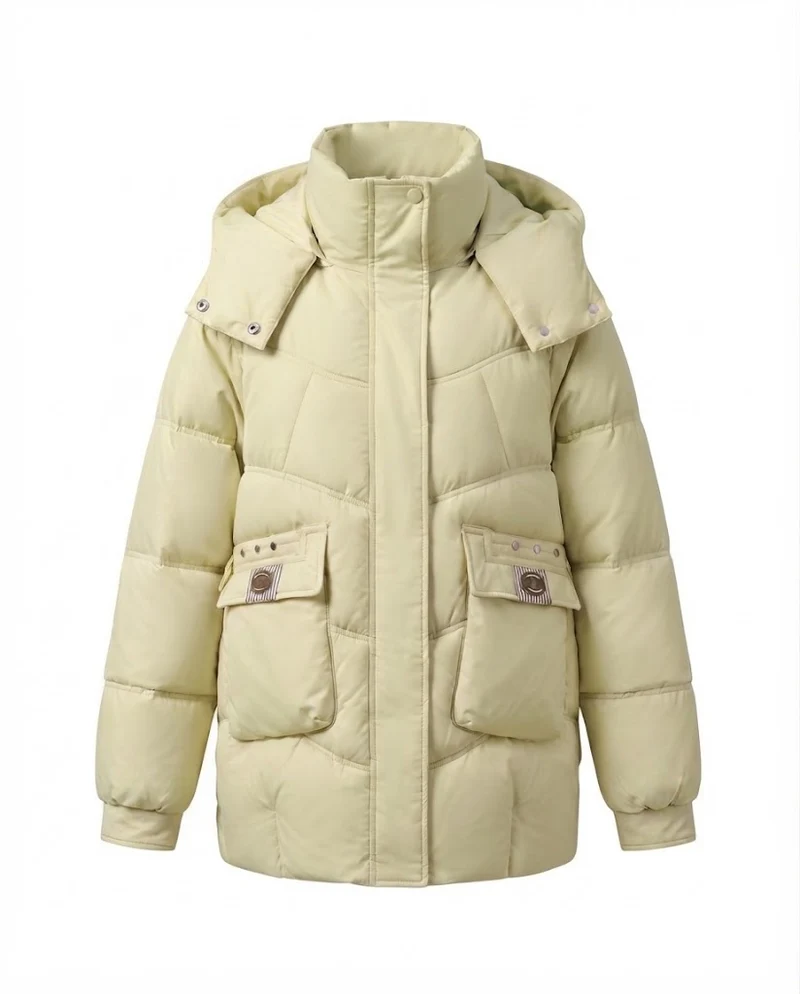 Damen mid-long gepolsterte Parka mit hohem Stehkragenklappe, verstaubarem Kapuze und großen Cargo-Taschen