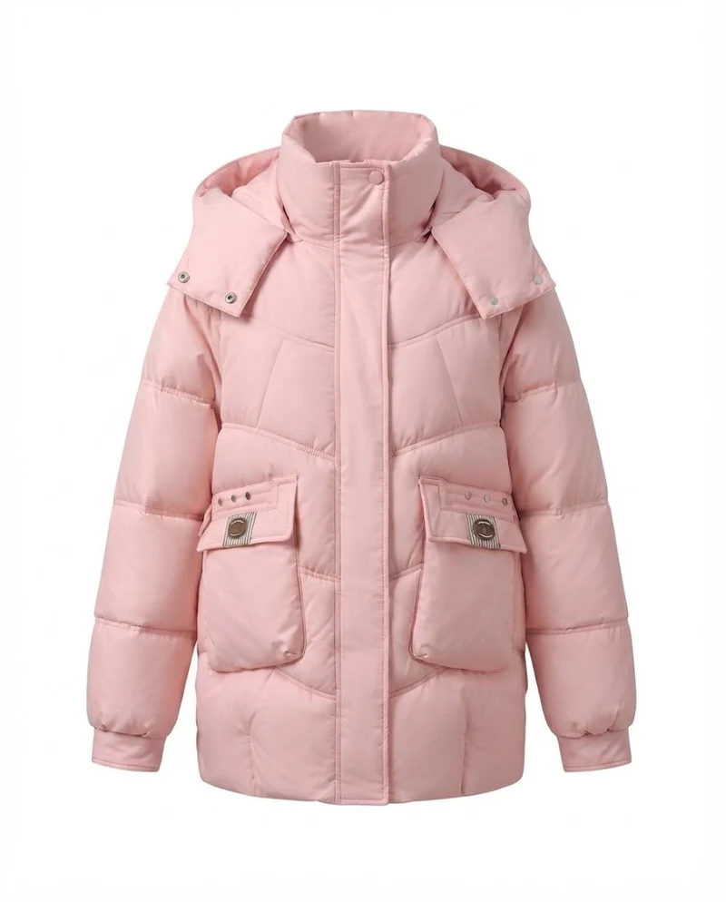 Damen mid-long gepolsterte Parka mit hohem Stehkragenklappe, verstaubarem Kapuze und großen Cargo-Taschen