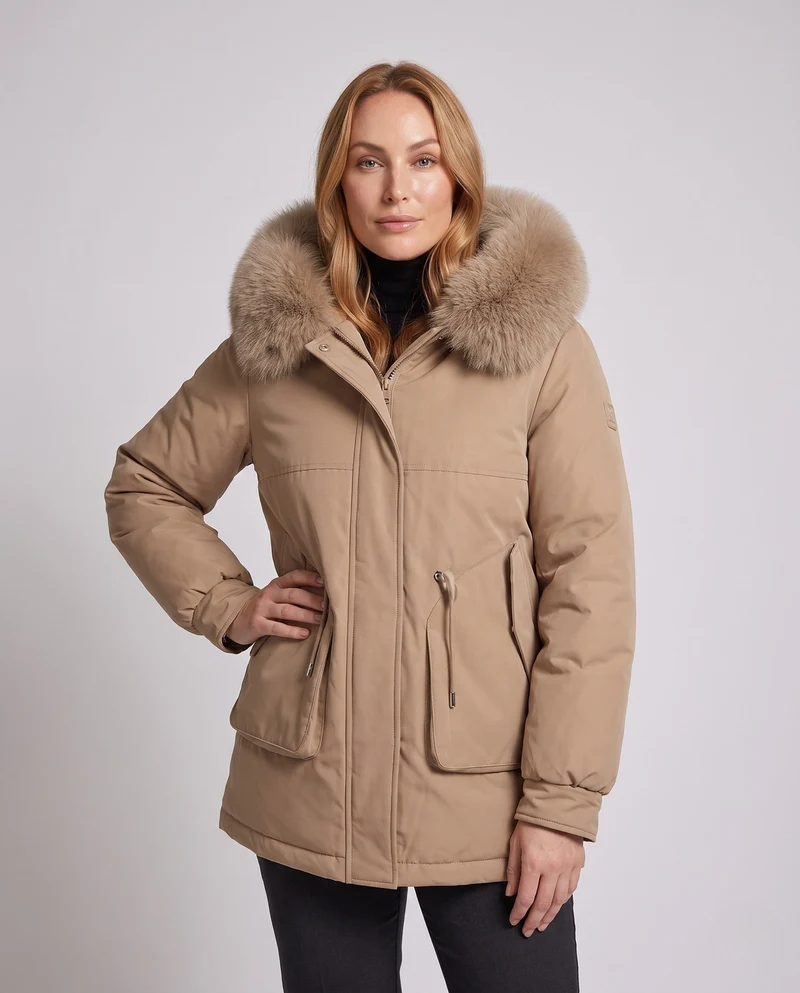 Damen Mid-Length Thermoparka mit voluminösem Kunstfellkragen, Teddy-Innenfutter und funktionalen Klapptaschen