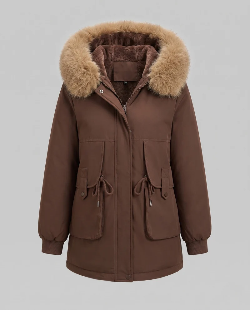 Damen Mid-Length Thermoparka mit voluminösem Kunstfellkragen, Teddy-Innenfutter und funktionalen Klapptaschen
