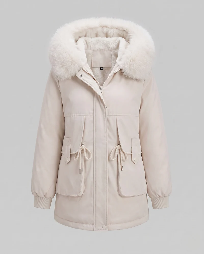 Damen Mid-Length Thermoparka mit voluminösem Kunstfellkragen, Teddy-Innenfutter und funktionalen Klapptaschen
