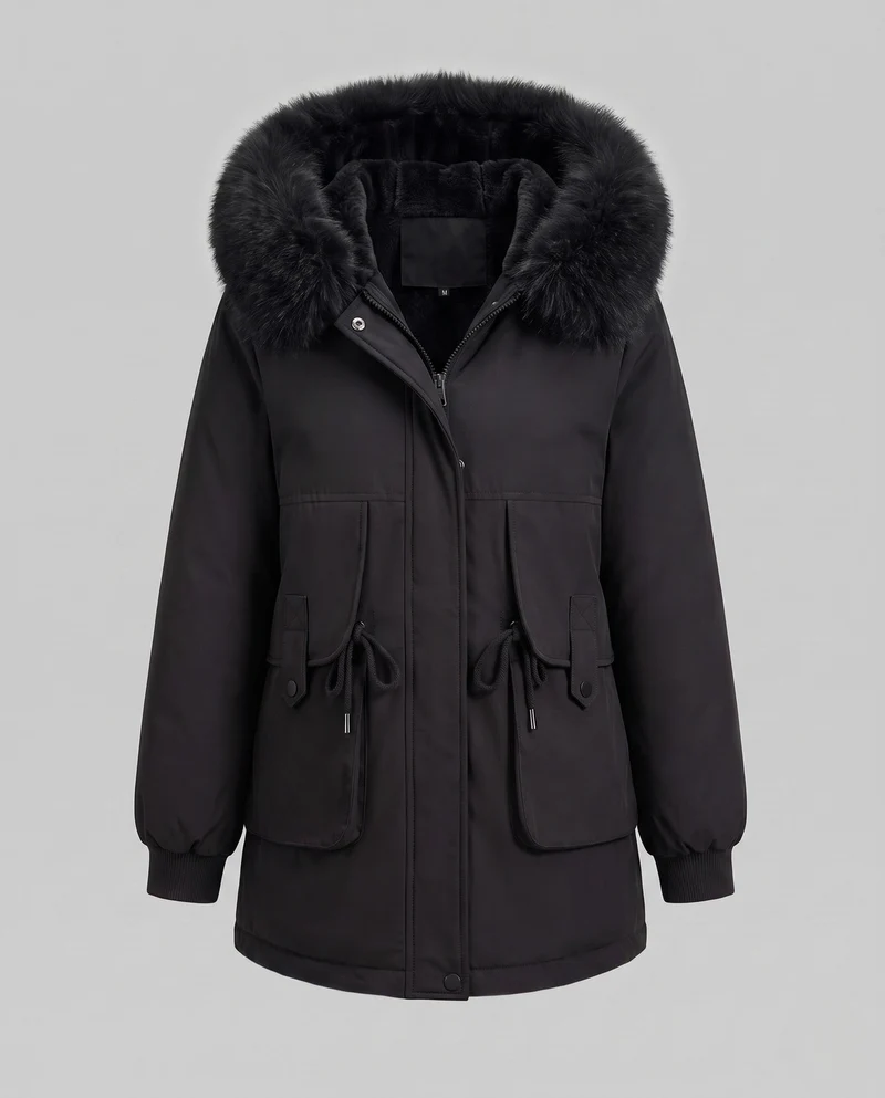Damen Mid-Length Thermoparka mit voluminösem Kunstfellkragen, Teddy-Innenfutter und funktionalen Klapptaschen