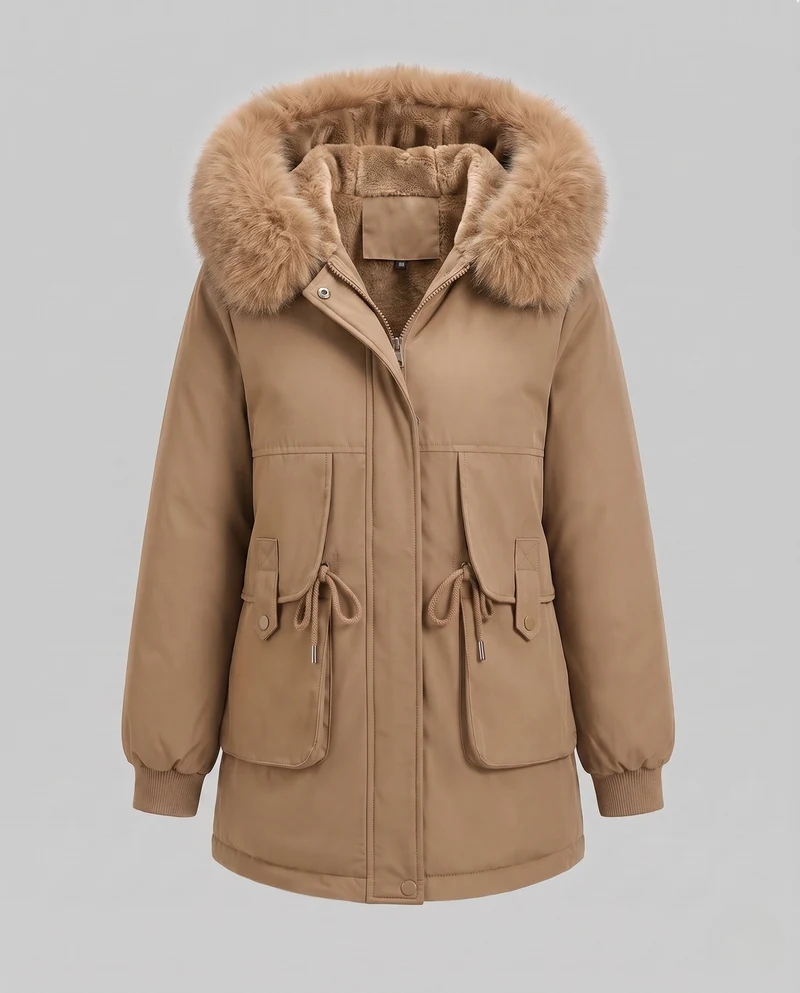 Damen Mid-Length Thermoparka mit voluminösem Kunstfellkragen, Teddy-Innenfutter und funktionalen Klapptaschen
