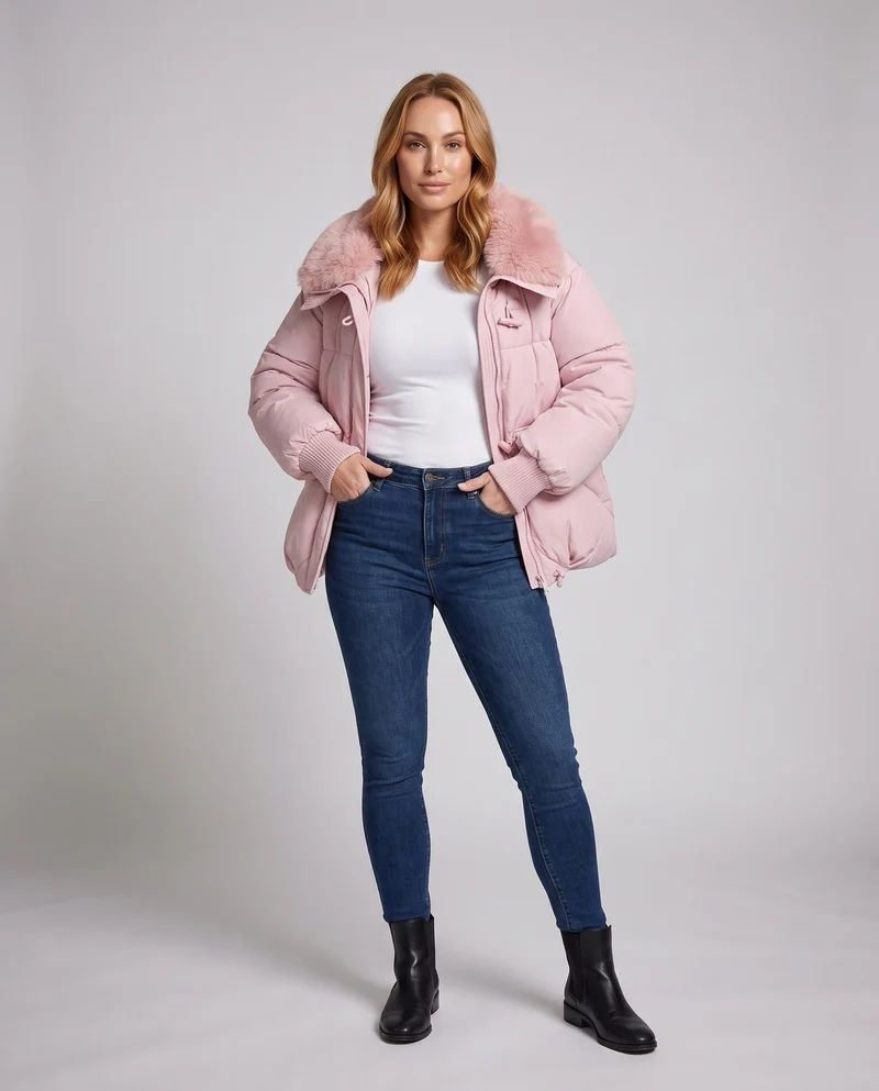 Damen moderne oversized Pufferjacke mit voluminösem Teddy-Kragen, verdecktem Zwei-Wege-Reißverschluss und verstellbarem Saum