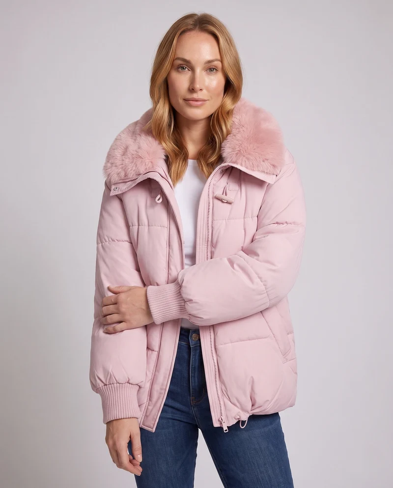 Damen moderne oversized Pufferjacke mit voluminösem Teddy-Kragen, verdecktem Zwei-Wege-Reißverschluss und verstellbarem Saum
