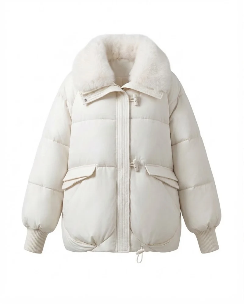 Damen moderne oversized Pufferjacke mit voluminösem Teddy-Kragen, verdecktem Zwei-Wege-Reißverschluss und verstellbarem Saum