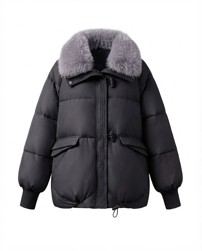 Damen moderne oversized Pufferjacke mit voluminösem Teddy-Kragen, verdecktem Zwei-Wege-Reißverschluss und verstellbarem Saum