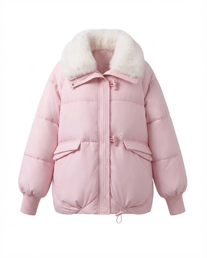 Damen moderne oversized Pufferjacke mit voluminösem Teddy-Kragen, verdecktem Zwei-Wege-Reißverschluss und verstellbarem Saum