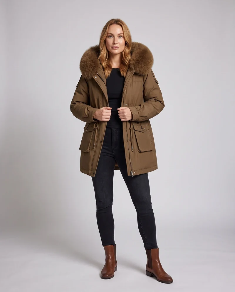 Damen moderne Utility-Parka mit extra großem Kragen in Felloptik und funktionalen Mehrfachtaschen