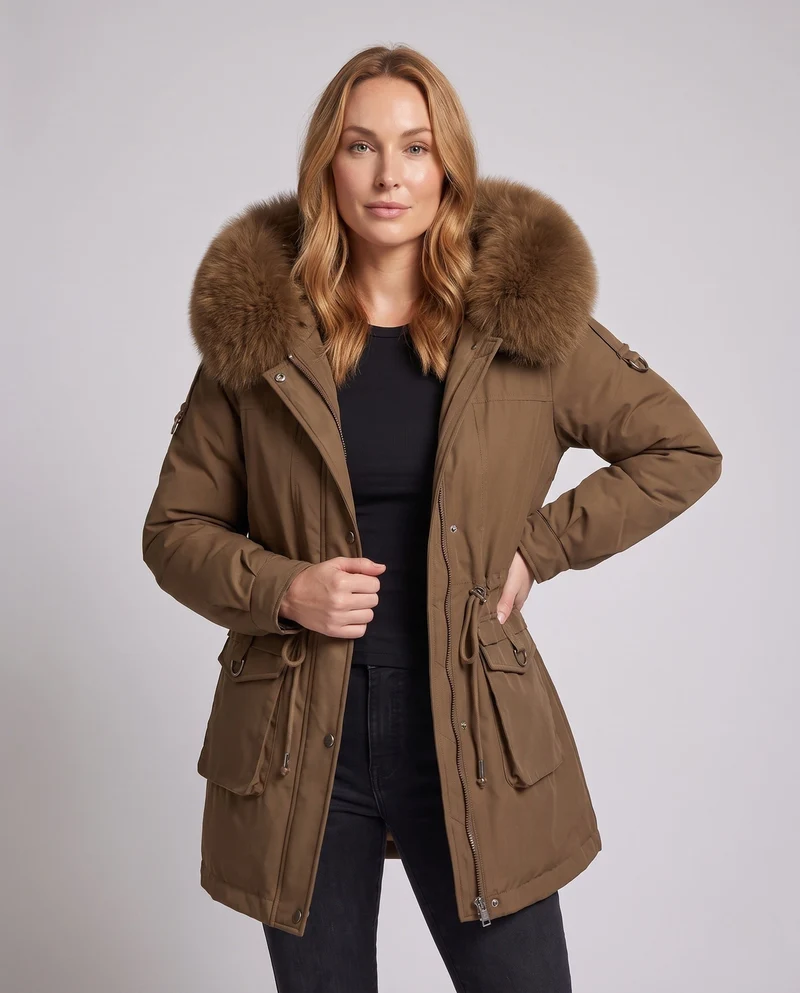 Damen moderne Utility-Parka mit extra großem Kragen in Felloptik und funktionalen Mehrfachtaschen