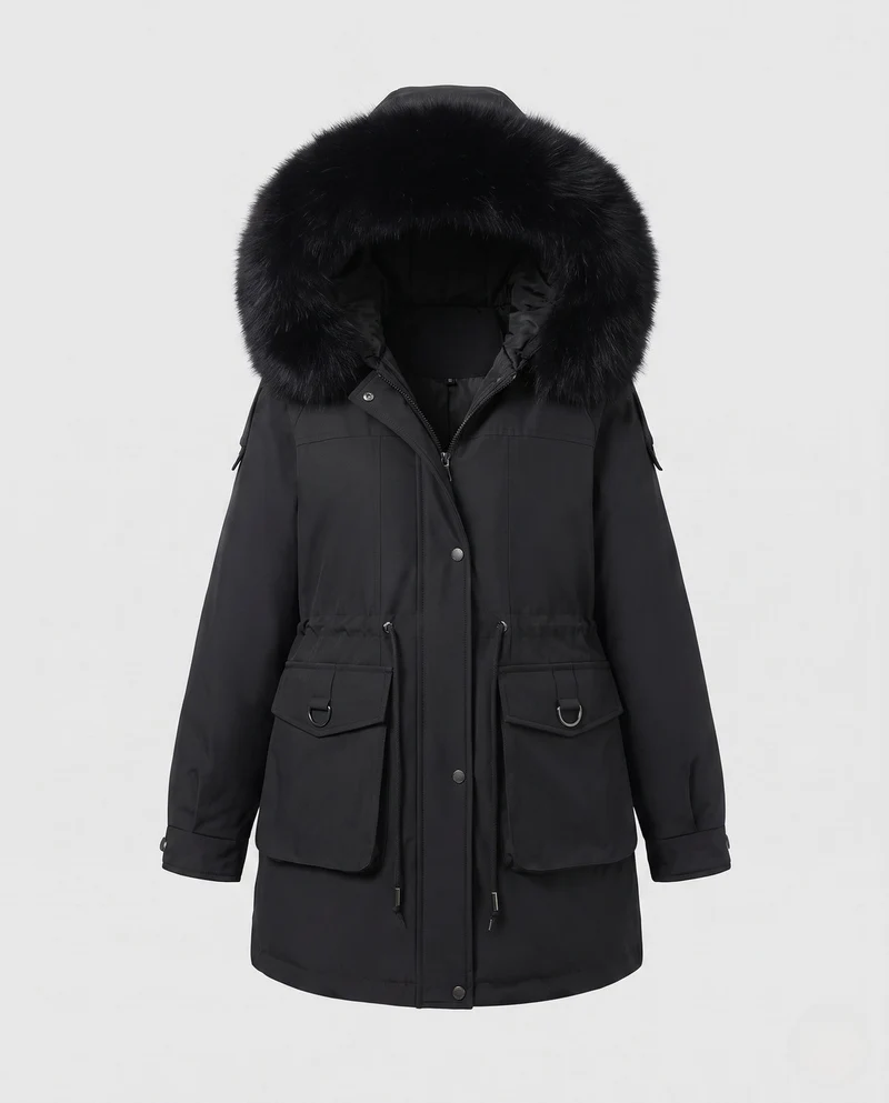 Damen moderne Utility-Parka mit extra großem Kragen in Felloptik und funktionalen Mehrfachtaschen