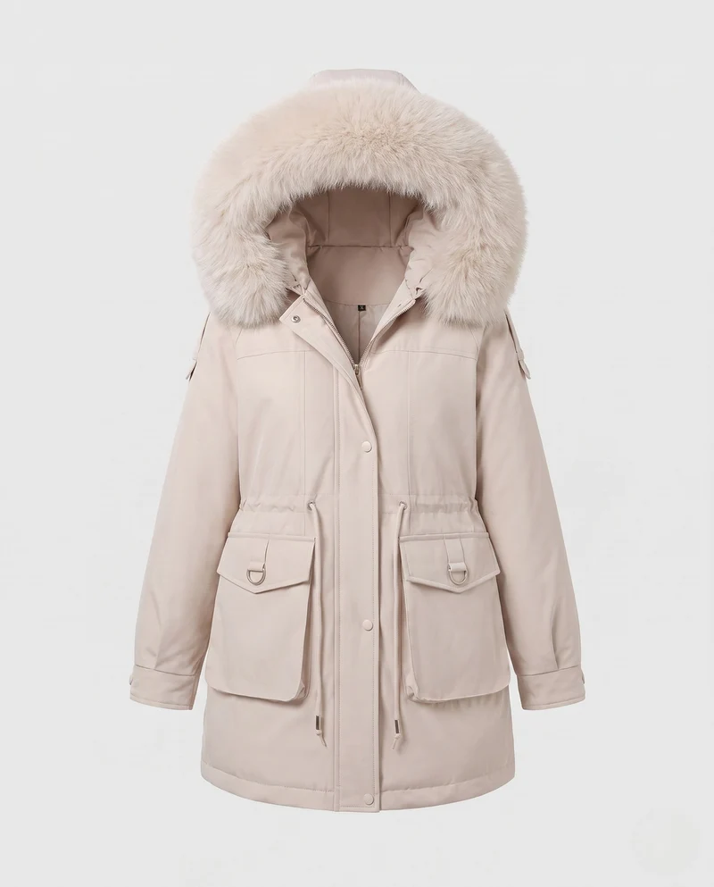 Damen moderne Utility-Parka mit extra großem Kragen in Felloptik und funktionalen Mehrfachtaschen