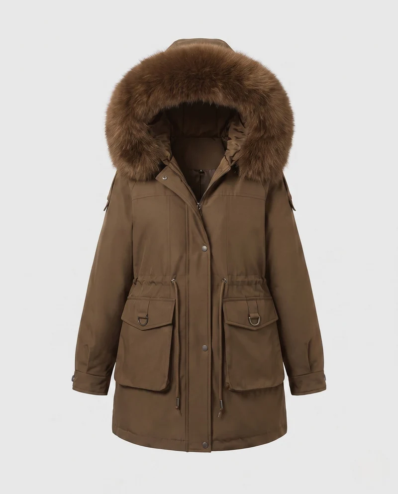 Damen moderne Utility-Parka mit extra großem Kragen in Felloptik und funktionalen Mehrfachtaschen