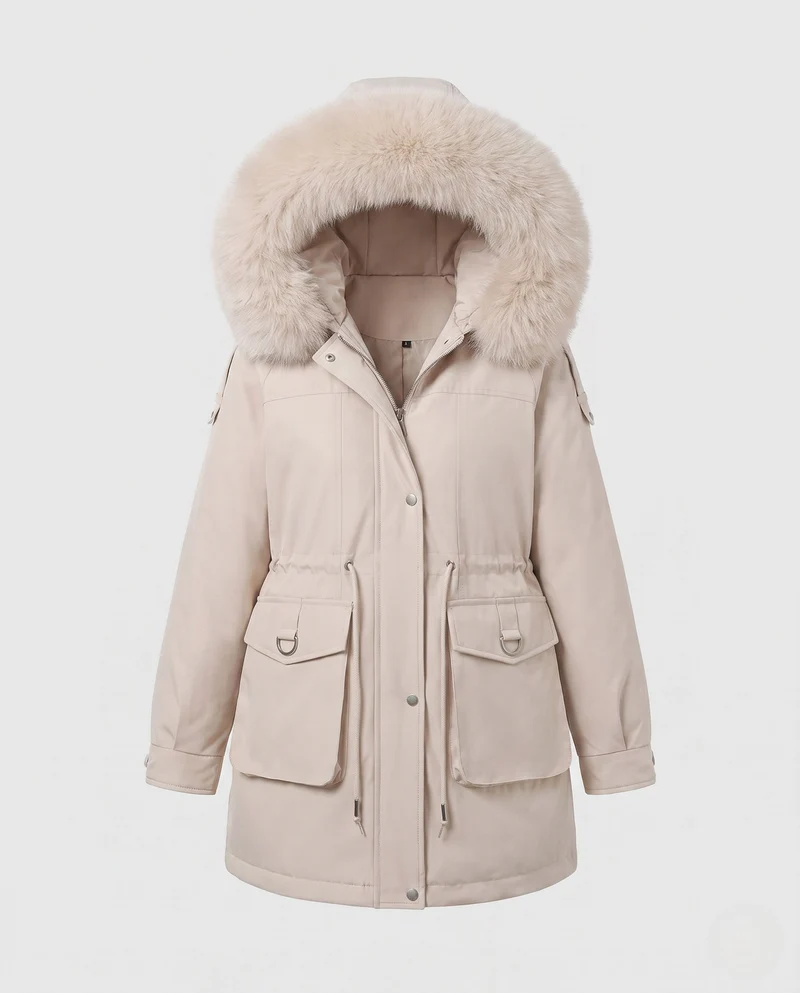 Damen moderne Utility-Parka mit extra großem Kragen in Felloptik und funktionalen Mehrfachtaschen