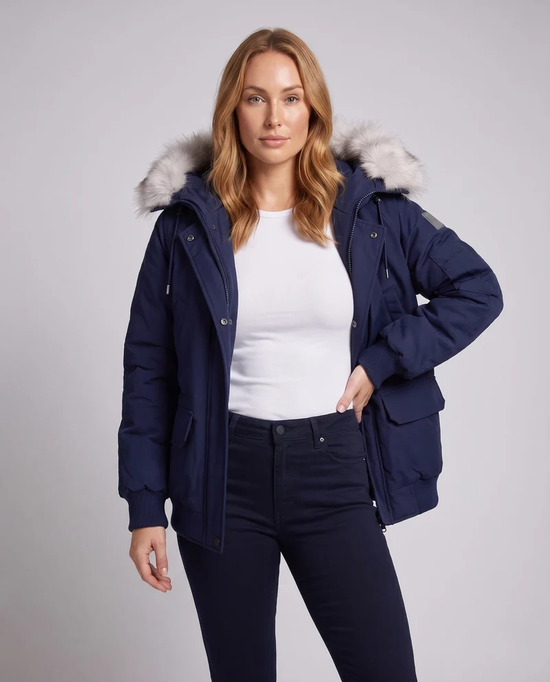Damen Oversized-Parka mit voluminösem Kunstfellkapuze, multifunktionalen Taschen und thermischer Polsterung.