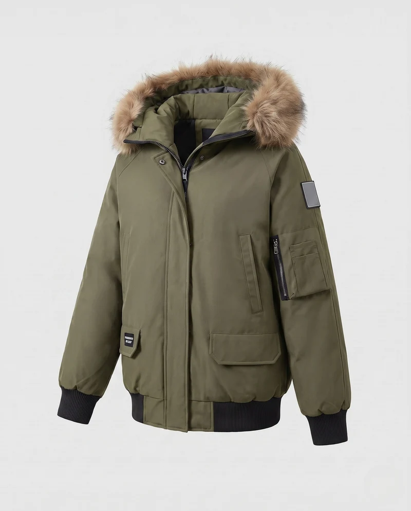 Damen Oversized-Parka mit voluminösem Kunstfellkapuze, multifunktionalen Taschen und thermischer Polsterung.