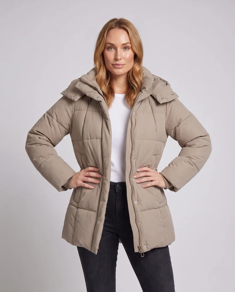 Damen oversize gesteppter Mantel mit verlängertem quadratischem Steppdesign, Kapuze, Reißverschlusstaschen und verstellbarem Kordelzugsaum