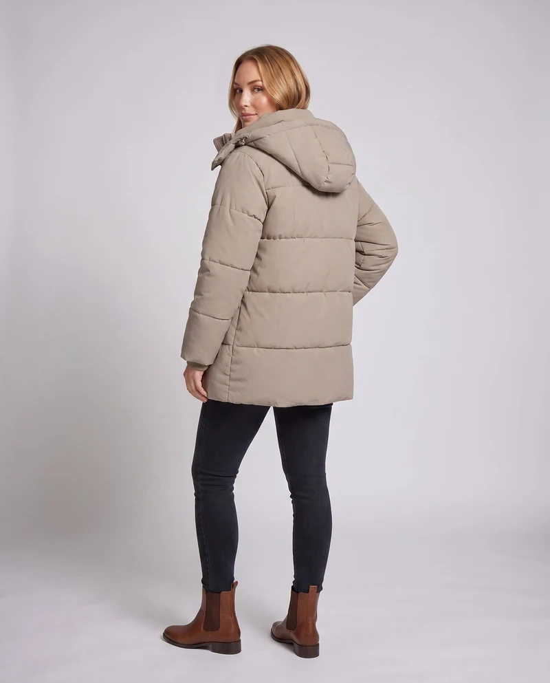 Damen oversize gesteppter Mantel mit verlängertem quadratischem Steppdesign, Kapuze, Reißverschlusstaschen und verstellbarem Kordelzugsaum