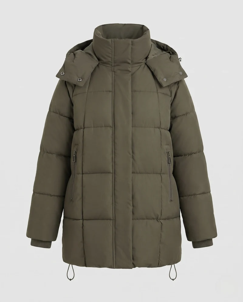 Damen oversize gesteppter Mantel mit verlängertem quadratischem Steppdesign, Kapuze, Reißverschlusstaschen und verstellbarem Kordelzugsaum