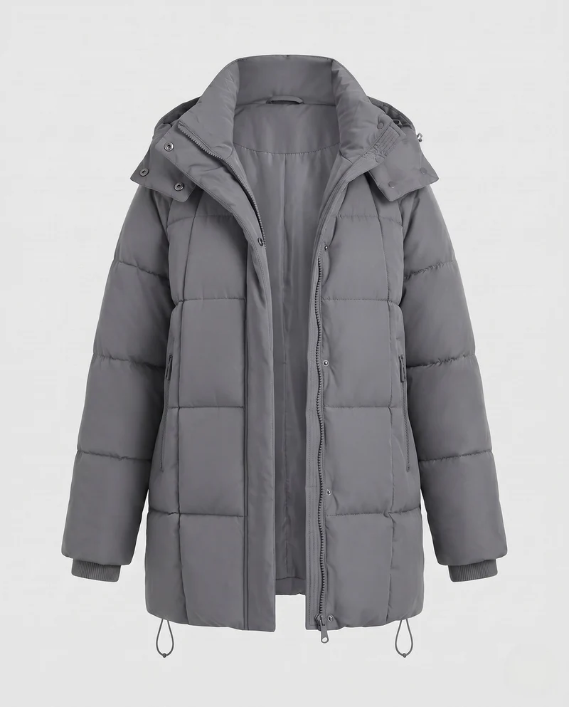 Damen oversize gesteppter Mantel mit verlängertem quadratischem Steppdesign, Kapuze, Reißverschlusstaschen und verstellbarem Kordelzugsaum