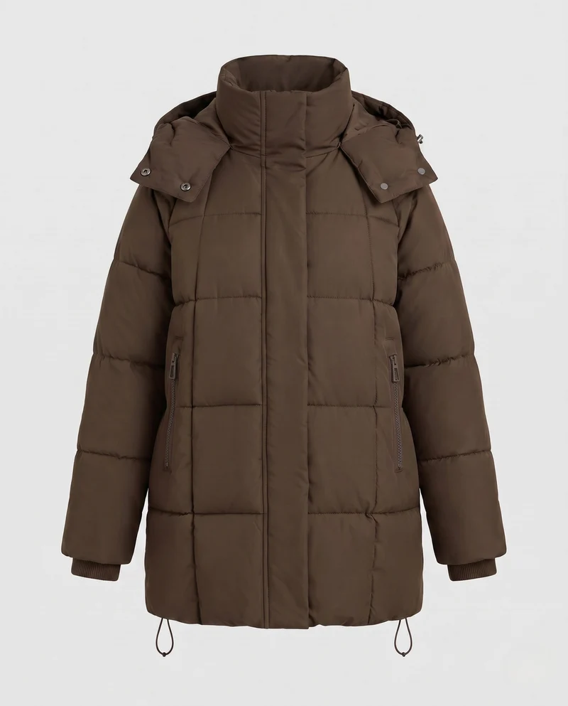 Damen oversize gesteppter Mantel mit verlängertem quadratischem Steppdesign, Kapuze, Reißverschlusstaschen und verstellbarem Kordelzugsaum