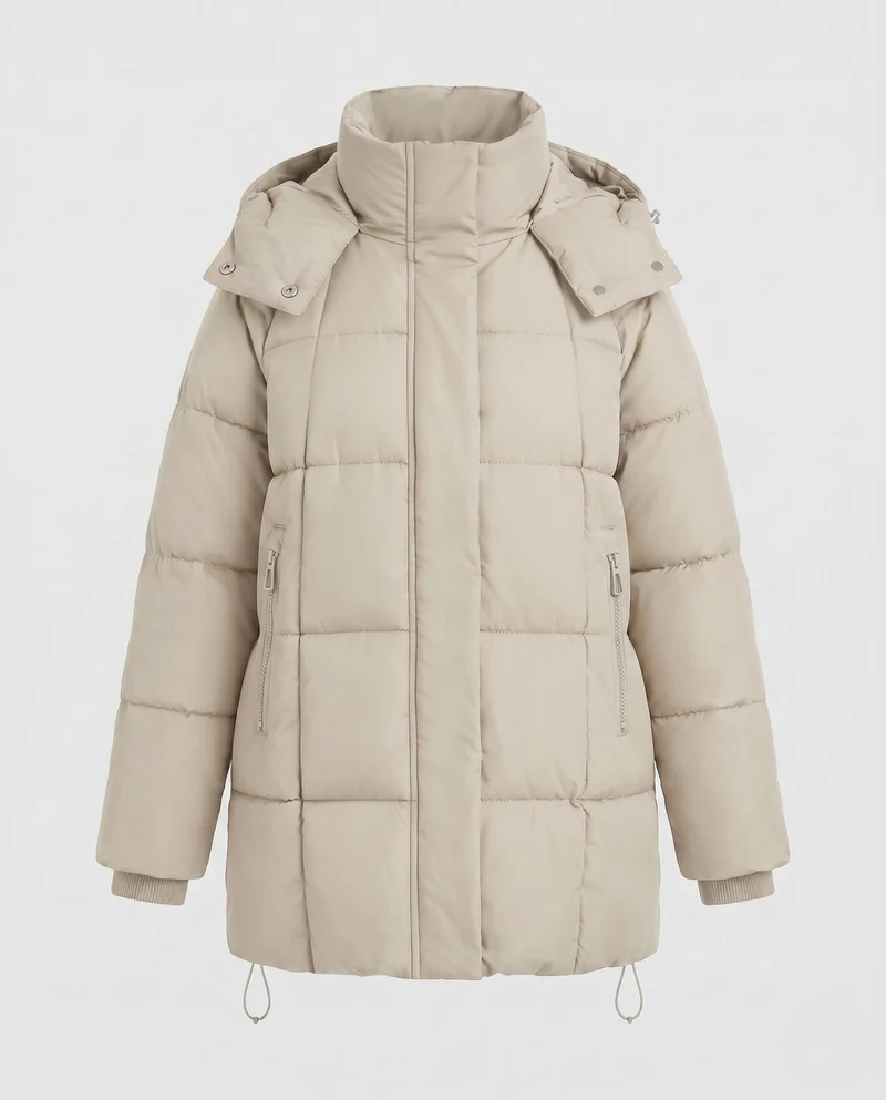 Damen oversize gesteppter Mantel mit verlängertem quadratischem Steppdesign, Kapuze, Reißverschlusstaschen und verstellbarem Kordelzugsaum