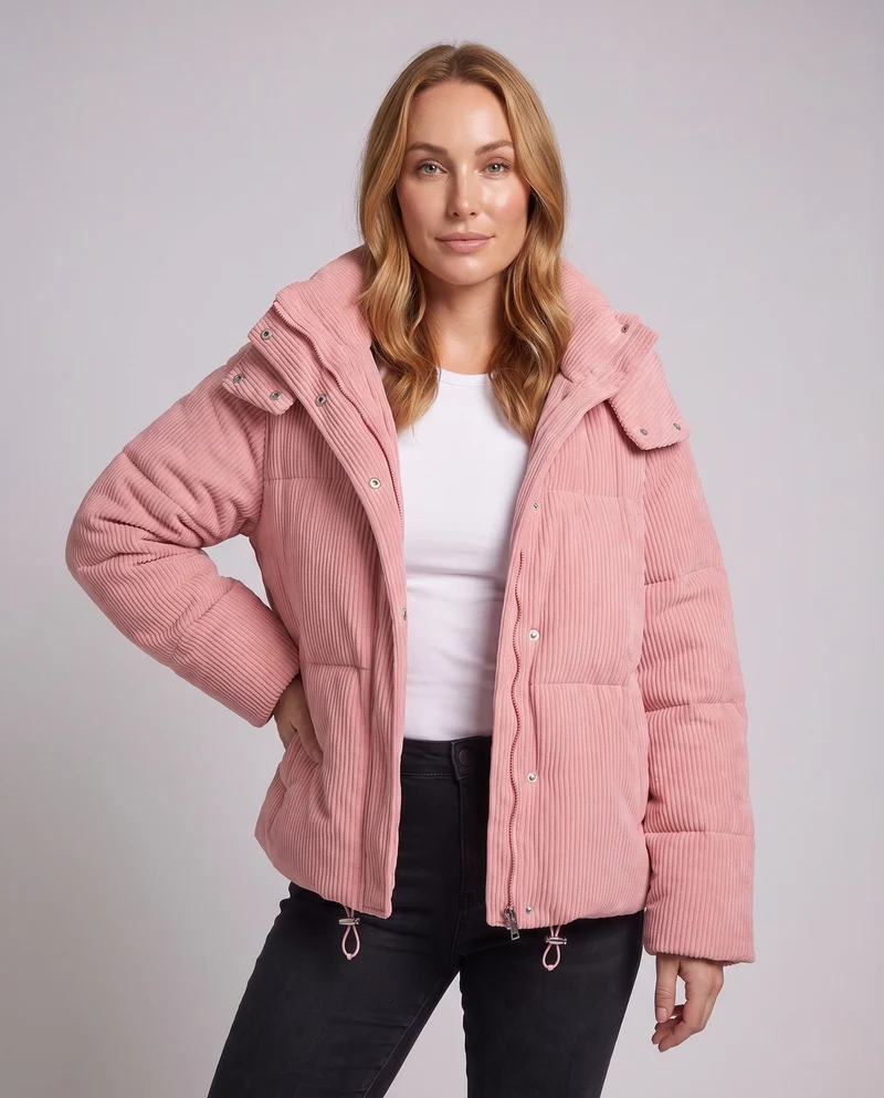 Damen Übergrößen Cord-Pufferjacke mit Kapuze und wärmender Thermoisolierung