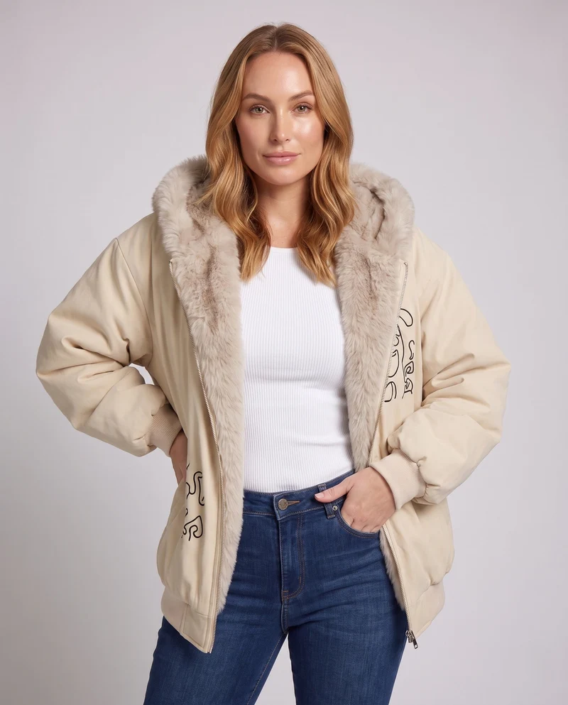 Damen oversized Hoodiejacke mit Kunstfellohren und Fleecefutter, Rundum-Reißverschluss