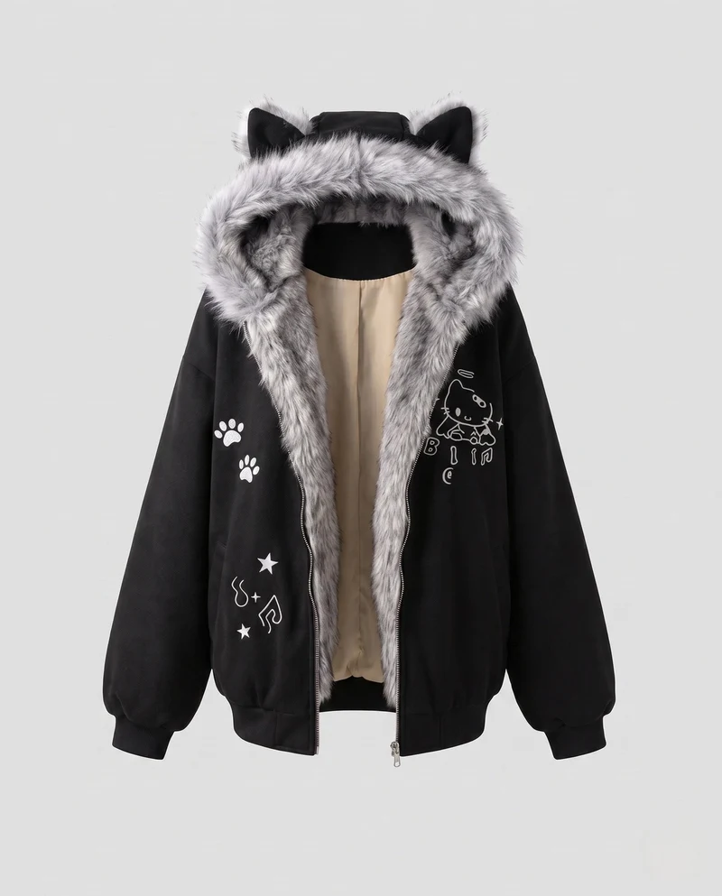 Damen oversized Hoodiejacke mit Kunstfellohren und Fleecefutter, Rundum-Reißverschluss