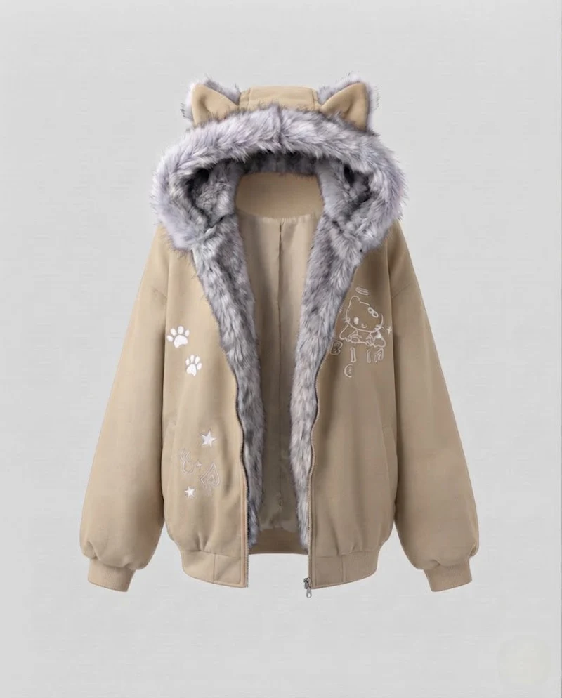 Damen oversized Hoodiejacke mit Kunstfellohren und Fleecefutter, Rundum-Reißverschluss