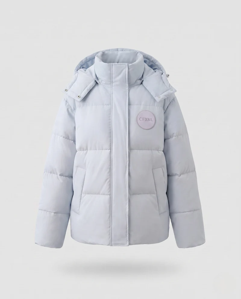Damen übergroße kurze gesteppte Jacke mit hohem Stehkragen und dekorativer Patch-Applikation