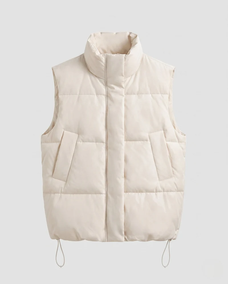 Damen oversized thermo-gestepptes Weste mit voluminösem Stehkragen, Zwei-Wege-Reißverschluss und verstellbarem Kordelzugsaum