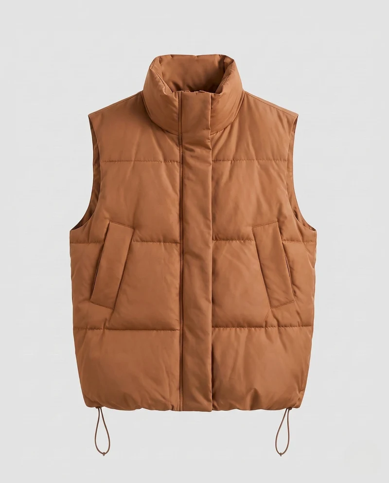 Damen oversized thermo-gestepptes Weste mit voluminösem Stehkragen, Zwei-Wege-Reißverschluss und verstellbarem Kordelzugsaum