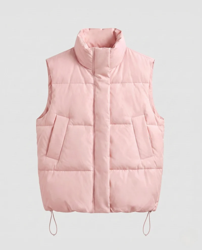 Damen oversized thermo-gestepptes Weste mit voluminösem Stehkragen, Zwei-Wege-Reißverschluss und verstellbarem Kordelzugsaum