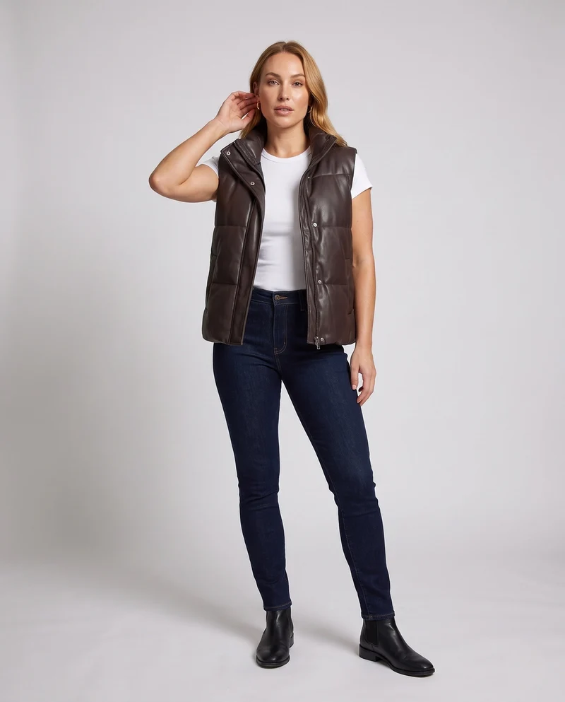 Damen oversized gepolstertes Kunstlederweste mit hohem Schal-Kragen und Zwei-Wege-Reißverschluss
