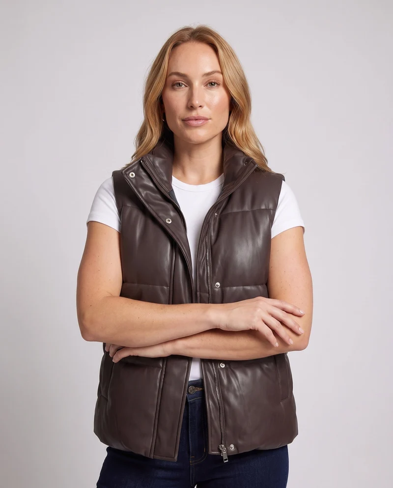 Damen oversized gepolstertes Kunstlederweste mit hohem Schal-Kragen und Zwei-Wege-Reißverschluss
